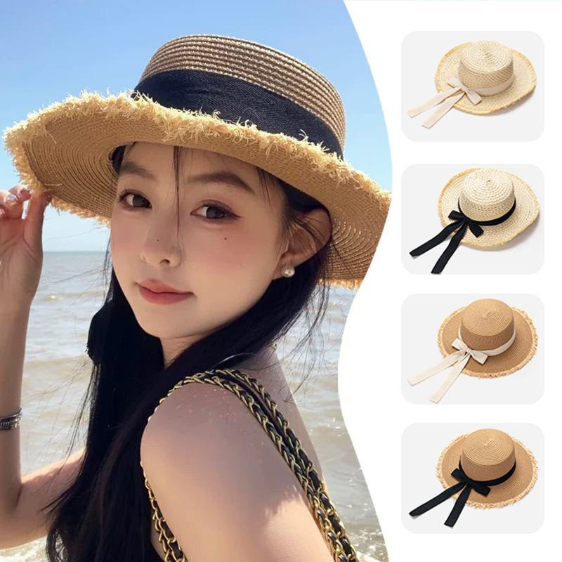 Packable Hat Nylon - หมวกสานปีกกว้างสำหรับผู้หญิง ประดับโบว์ เหมาะสำหรับฤดูร้อน ชายหาด พับเก็บได้ พกพาสะดวก